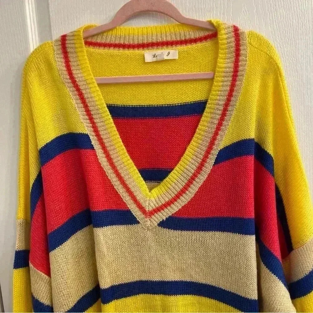 Over Sized Striped V-Neck Sweater (Yellow, Blue, Pink, and Tan) - Picture 4 of 7